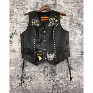 Vtg Dream Apparel Men's L Leather Biker Vest Black Studded Patches Rockabilly